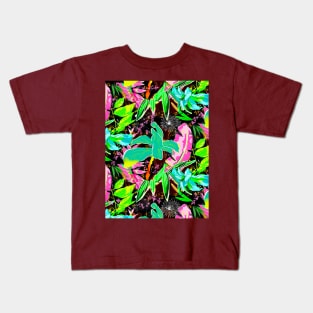 Elegant Tropical floral leaves botanical pattern,botanical pattern, tropical plants, black pink leaves pattern over a Kids T-Shirt